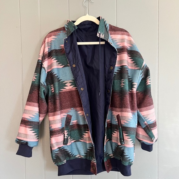 Vintage reversible‎ windbreaker jacket Aztec fleece Braetan XL navy 90s western - Picture 10 of 10